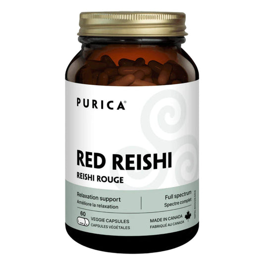 Bottle of Purica Red Reishi Full Spectrum Organic 60 Veggie Capsules