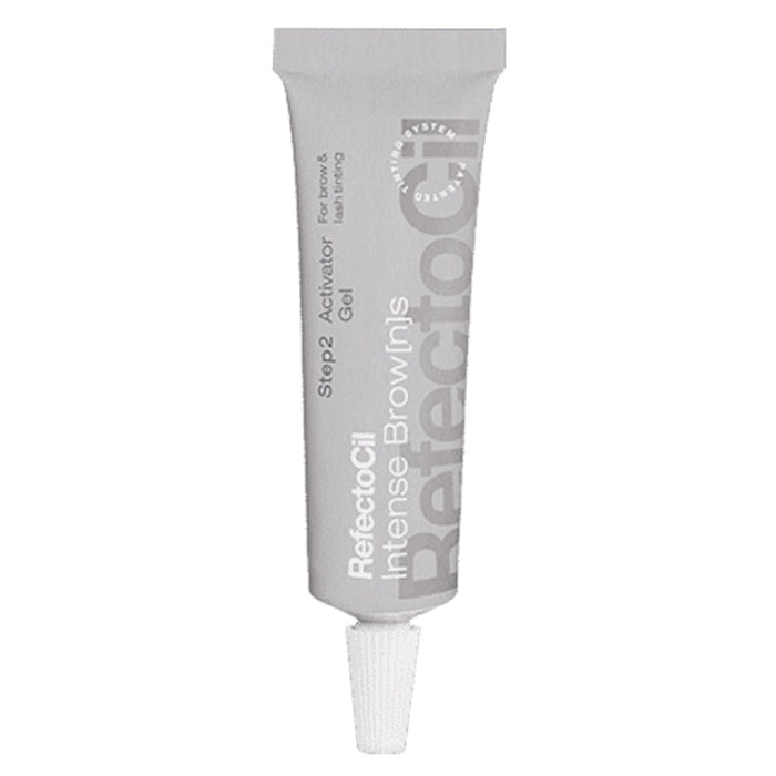A tube of Refectocil Activator Gel for eyebrow and eyelash tinting with text indicating the product is not mixed, and it contains Silver Nitrate.