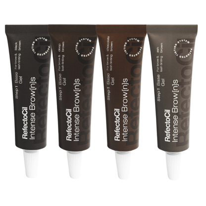 F003I Refectocil Intense Browns Brown Eyebrow Tint | Four tubes of RefectoCil Intense Browns step 1 gel eyebrow wax arranged in a row on a white background. The tubes are dark brown with white caps and white text, representing shades from deep espresso brown to light chocolate brown.