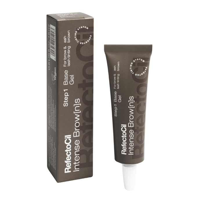 F003K Refectocil Intense Browns Ash Brown Eyebrow Tint | A tube and box of Refectocil Intense Browns Step 1 Base Gel in an ash brown shade, shown on a plain white background.