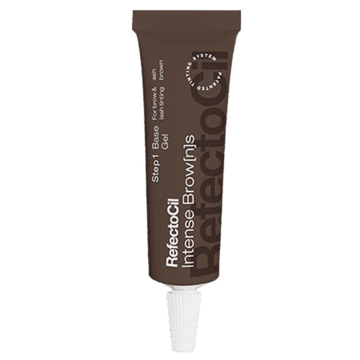 A tube of RefectoCosmetic Intense BrowGe ls in ash brownshade 1 Baso on a solid white background.