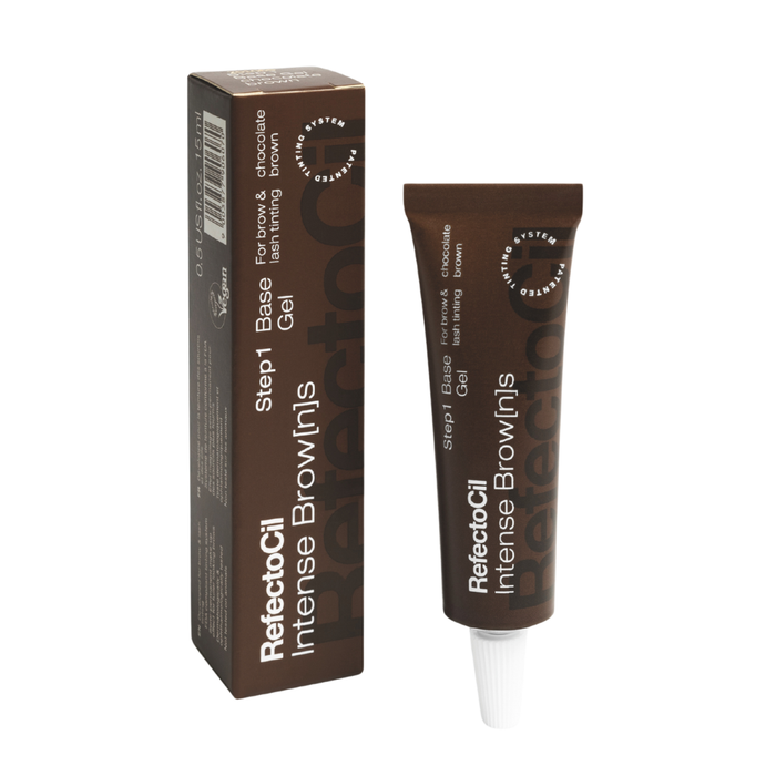F003J Refectocil Intense Browns Chocolate Brown Eyebrow Tint | A tube and box of Refectocil Intense Brown Gel in shade Chocolate, shown on a plain white background.