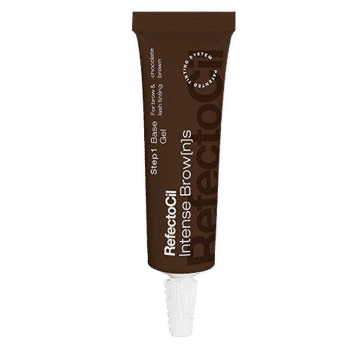 A tube of RefectoCil Intense Brow[n]s Base Gel in a brown color, designed for eyebrow tinting.