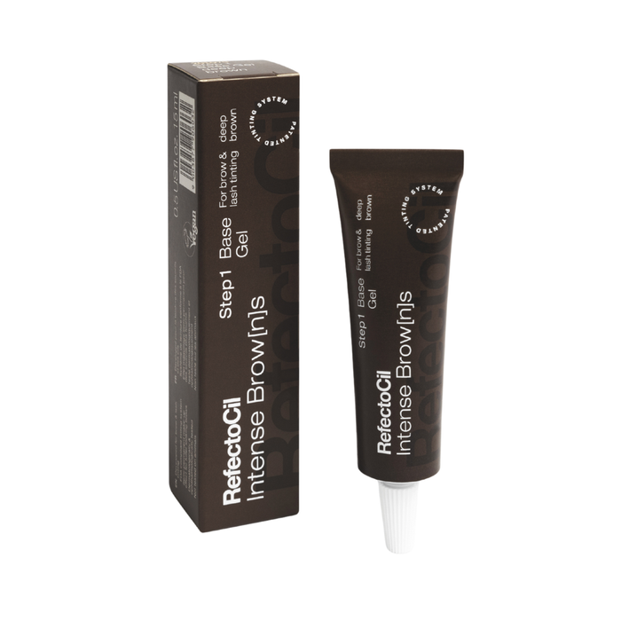 F003K Refectocil Intense Browns Ash Brown Eyebrow Tint | A tube and box of Refectocil Intense Brown Gel hair dye, shown on a plain white background. The packaging is deep brown with white text, and the tube has a white applicator tip.