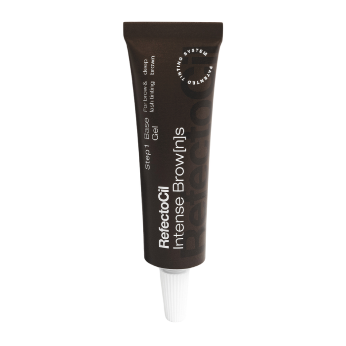 F003K Refectocil Intense Browns Deep Brown Eyebrow Tint | A squeeze tube of Refectocil Intense Brown Gel hair color, shown against a plain white background. The tube is dark brown with white text and a white applicator tip.