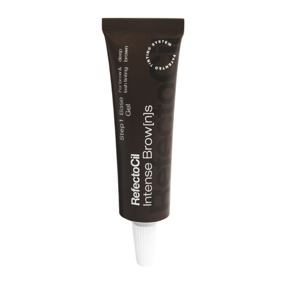 F003K Refectocil Intense Browns Deep Brown Eyebrow Tint | A squeeze tube of Refectocil Intense Brown Gel hair color, shown against a plain white background. The tube is dark brown with white text and a white applicator tip.