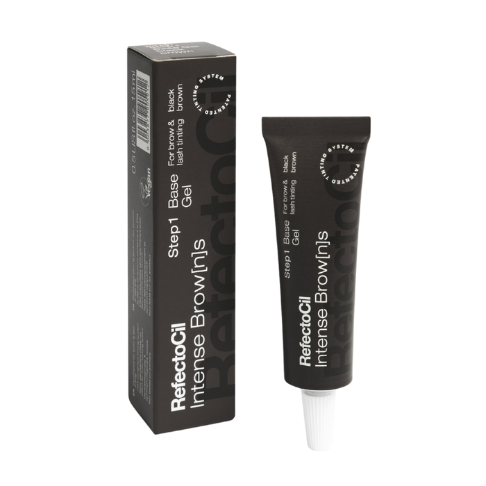 F003L Refectocil Intense Browns Black Brown Eyebrow Tint | A brown box and matching squeeze tube of Refectocil Intense Browns Step 1 Base Gel in black brown on a plain white background.