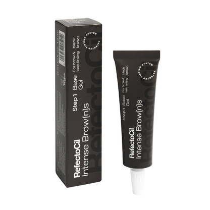 F003L Refectocil Intense Browns Black Brown Eyebrow Tint | A brown box and matching squeeze tube of Refectocil Intense Browns Step 1 Base Gel in black brown on a plain white background.
