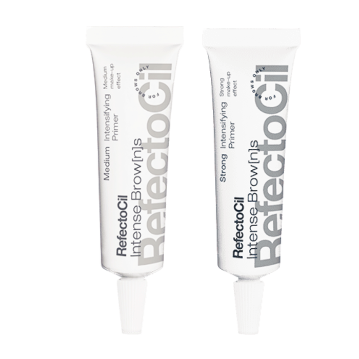F003H Refectocil Intense Browns Eyebrow Primer | Two white squeeze tubes of Refectocil Intense Browns intense browns primer, shown side by side on a plain white background.