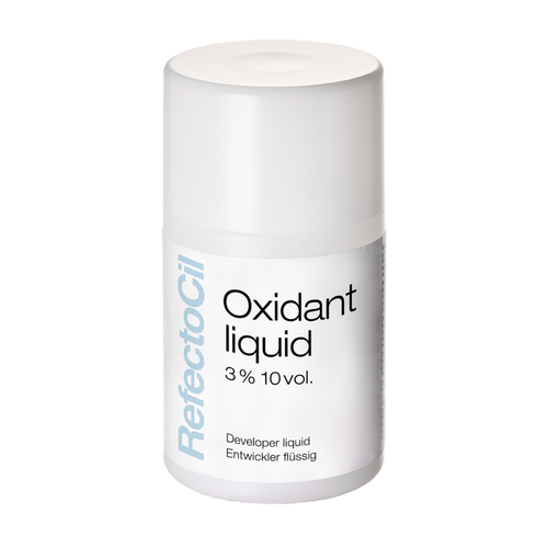 f003c REFECTOCIL Oxidant Liquid for Lash and Brow Tinting | A white cylindrical bottle of RefectoCil Oxidant liquid 3% 10 vol. developer liquid, shown on a clean white background
