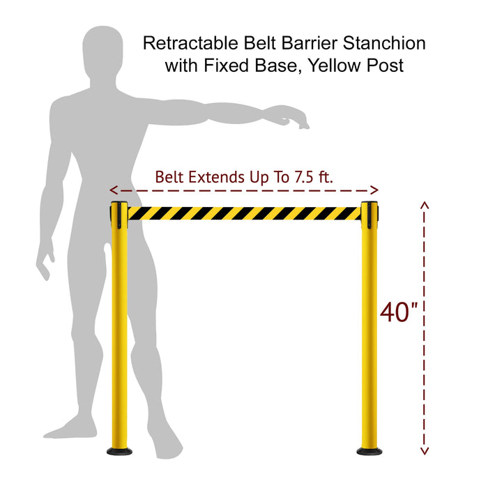 Retractable Belt Barrier Safety Stanchion, Fixed Base, Yellow Post, 7.5 Ft. Belt - Montour Line MSX630F - Crowd Control Warehouse