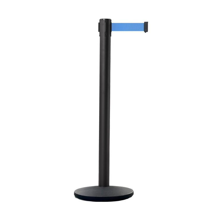 Retractable Belt Barrier Stanchion, Black Post, Cast Iron Base, 9 Ft. Belt - Montour Line MI630 - Crowd Control Warehouse