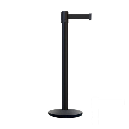 Retractable Belt Barrier Stanchion, Black Post with Heavy Duty Cast Iron Base, 16 ft Belt – Montour Line MI650 - Crowd Control Warehouse