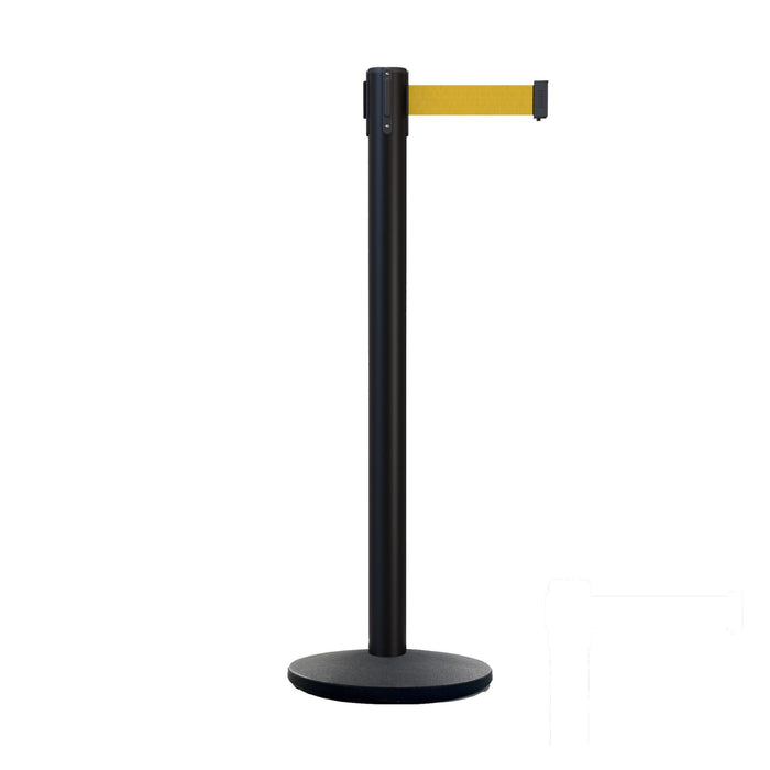 Retractable Belt Barrier Stanchion, Black Post with Heavy Duty Cast Iron Base, 16 ft Belt – Montour Line MI650 - Crowd Control Warehouse