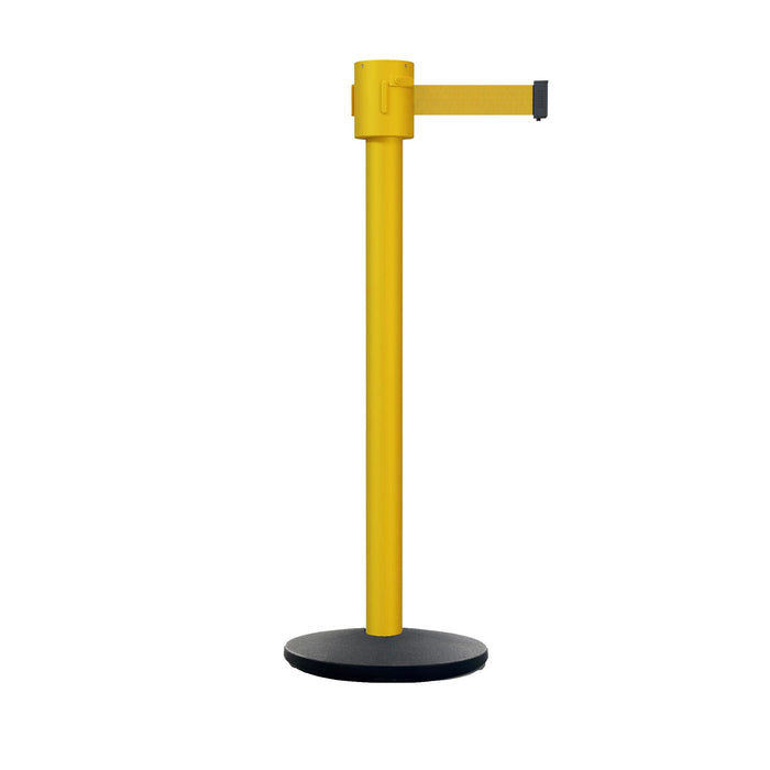Retractable Belt Barrier Stanchion, Cast Iron Base Base, Yellow Post, 35 ft Belt - Montour Line MSI760 - Crowd Control Warehouse