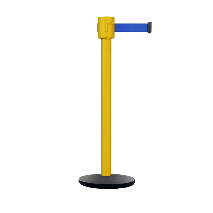 Retractable Belt Barrier Stanchion, Cast Iron Base Base, Yellow Post, 35 ft Belt - Montour Line MSI760 - Crowd Control Warehouse