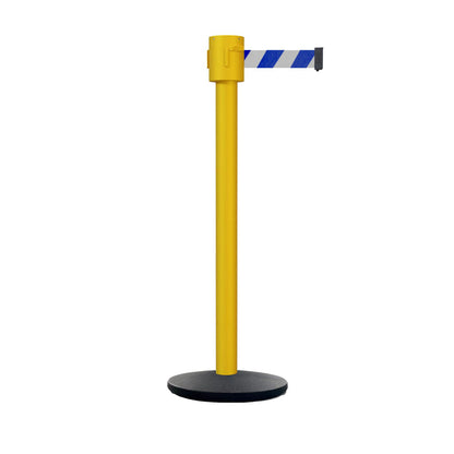 Retractable Belt Barrier Stanchion, Cast Iron Base Base, Yellow Post, 35 ft Belt - Montour Line MSI760 - Crowd Control Warehouse