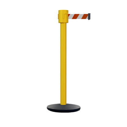 Retractable Belt Barrier Stanchion, Cast Iron Base Base, Yellow Post, 35 ft Belt - Montour Line MSI760 - Crowd Control Warehouse