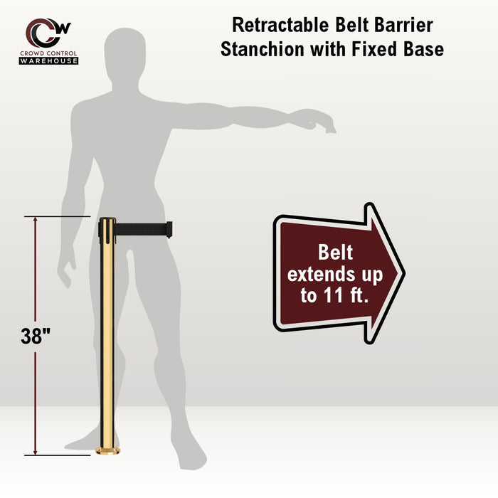 Retractable Belt Barrier Stanchion, Fixed Base, Polished Brass Post, 11 Ft. Belt - Montour Line MX630F - Crowd Control Warehouse