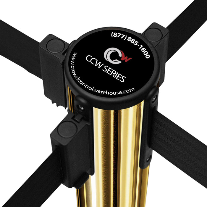 Retractable Belt Barrier Stanchion, Fixed Base, Polished Brass Post, 11 Ft. Belt - Montour Line MX630F - Crowd Control Warehouse
