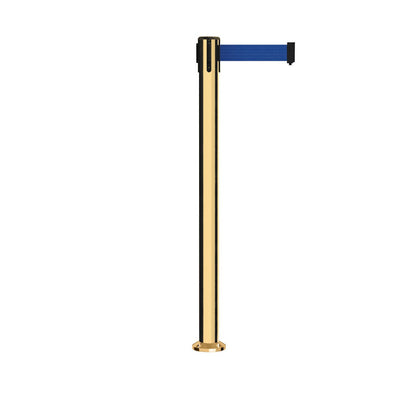Retractable Belt Barrier Stanchion, Fixed Base, Polished Brass Post, 11 Ft. Belt - Montour Line MX630F - Crowd Control Warehouse