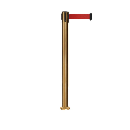 Retractable Belt Barrier Stanchion, Fixed Base, Satin Brass Post, 11 Ft. Belt - Montour Line MX630F - Crowd Control Warehouse