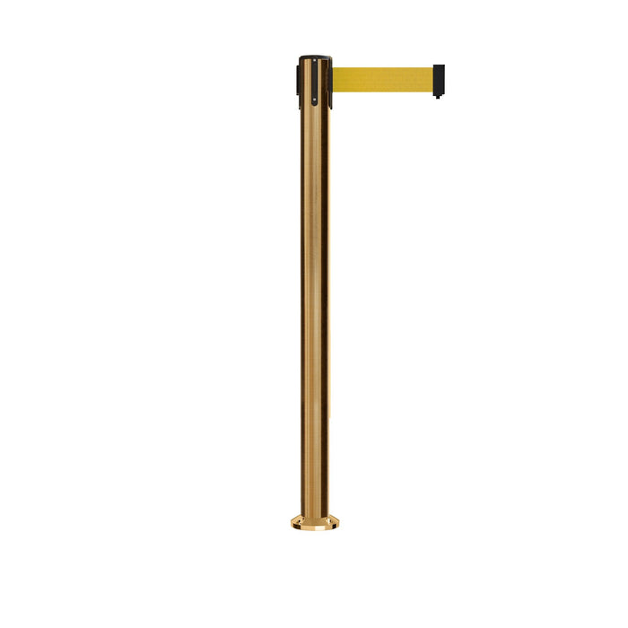 Retractable Belt Barrier Stanchion, Fixed Base, Satin Brass Post, 11 Ft. Belt - Montour Line MX630F - Crowd Control Warehouse