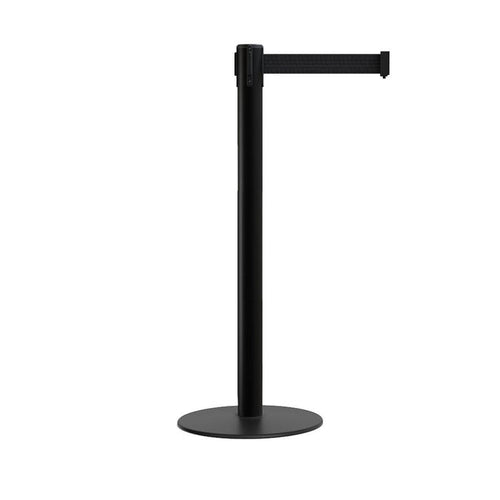 Retractable Belt Barrier Stanchion, Low Profile Steel Base, Black Post, 11 Ft. Belt - Montour Line MX630 - Crowd Control Warehouse