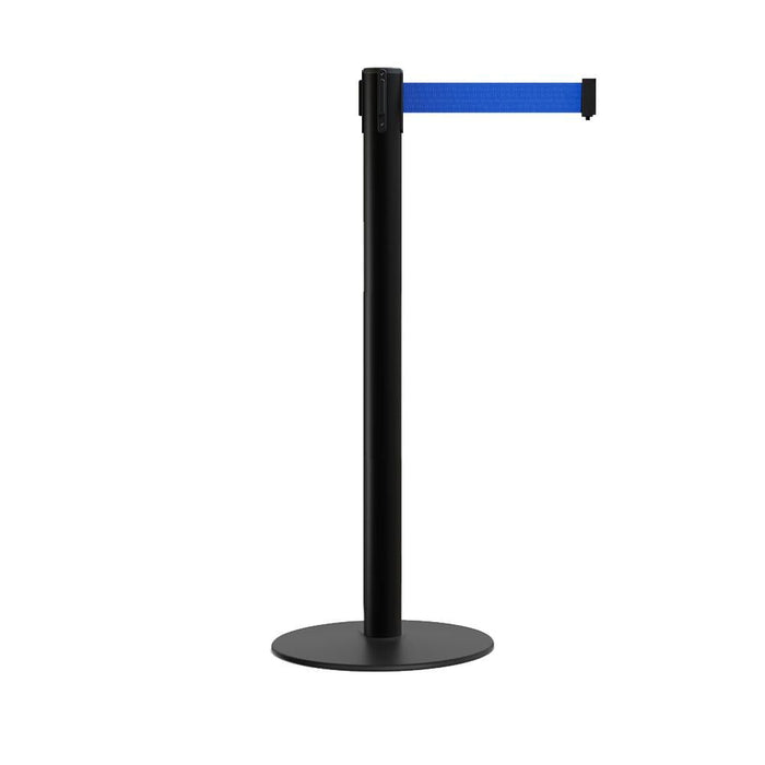Retractable Belt Barrier Stanchion, Low Profile Steel Base, Black Post, 11 Ft. Belt - Montour Line MX630 - Crowd Control Warehouse