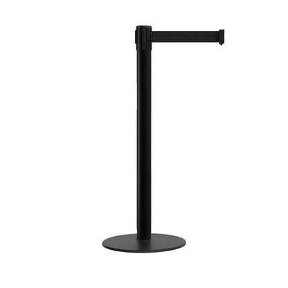 Retractable Belt Barrier Stanchion, Low Profile Steel Base, Black Post, 9 Ft. Belt - Montour Line MX630 - Crowd Control Warehouse