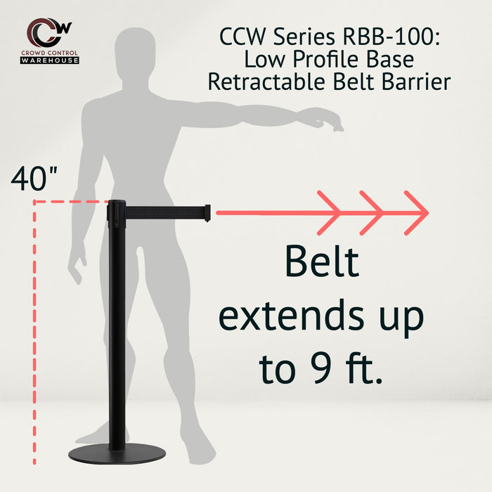 Retractable Belt Barrier Stanchion, Low Profile Steel Base, Black Post, 9 Ft. Belt - Montour Line MX630 - Crowd Control Warehouse