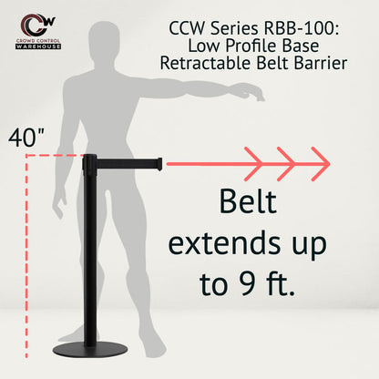 Retractable Belt Barrier Stanchion, Low Profile Steel Base, Black Post, 9 Ft. Belt - Montour Line MX630 - Crowd Control Warehouse