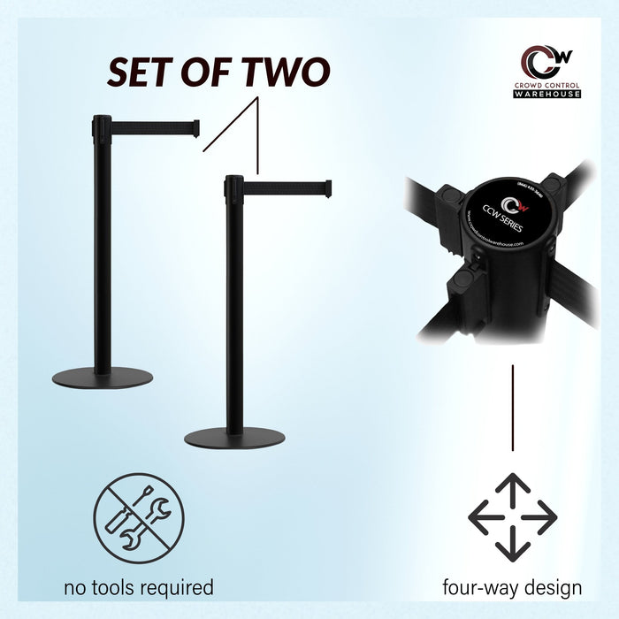 Retractable Belt Barrier Stanchion, Low Profile Steel Base, Black Post, 9 Ft. Belt - Montour Line MX630 - Crowd Control Warehouse
