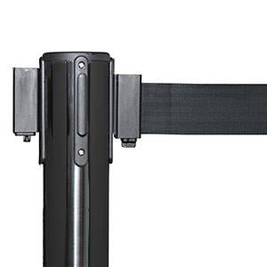 Retractable Belt Barrier Stanchion, Low Profile Steel Base, Black Post, 9 Ft. Belt - Montour Line MX630 - Crowd Control Warehouse