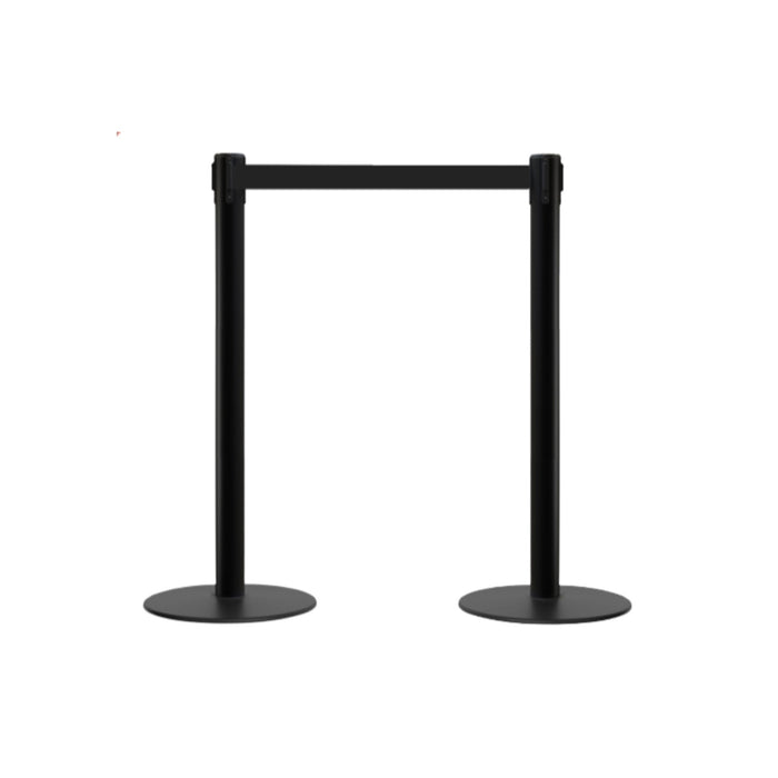 Retractable Belt Barrier Stanchion, Low Profile Steel Base, Black Post, 9 Ft. Belt - Montour Line MX630 - Crowd Control Warehouse