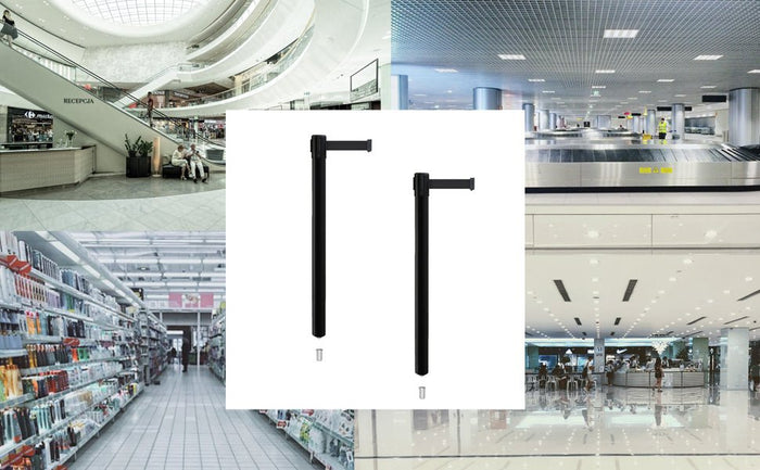 Retractable Belt Barrier Stanchion, Mini Socket Base, Black Post, 11 ft Belt - Montour Line MX630SK - Crowd Control Warehouse