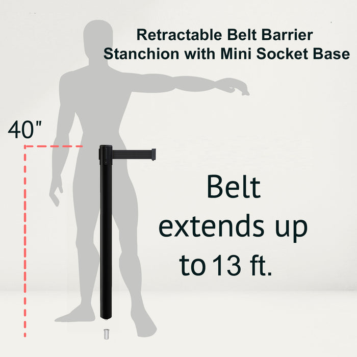 Retractable Belt Barrier Stanchion, Mini Socket Base, Black Post, 13 ft Belt - Montour Line MX630SK - Crowd Control Warehouse