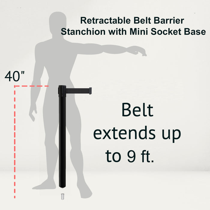 Retractable Belt Barrier Stanchion, Mini Socket Base, Black Post, 9 ft Belt - Montour Line MX630SK - Crowd Control Warehouse