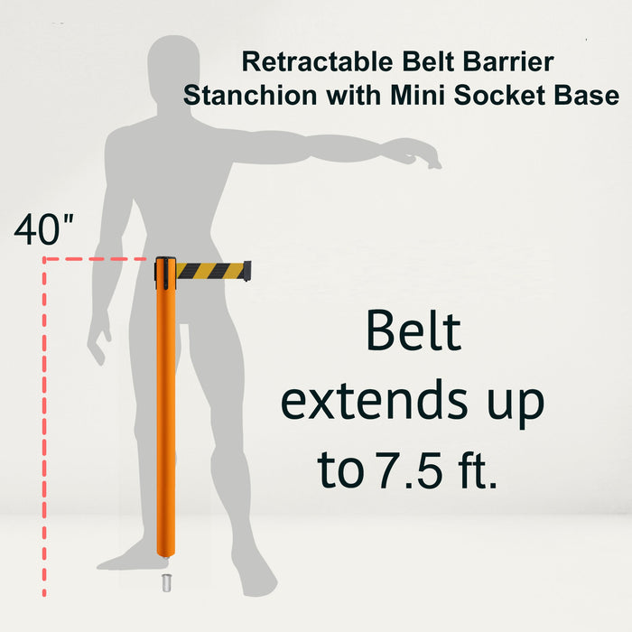 Retractable Belt Barrier Stanchion, Mini Socket Base, Orange Post, 7.5 ft Belt - Montour Line MSX630SK - Crowd Control Warehouse
