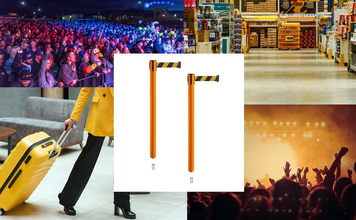 Retractable Belt Barrier Stanchion, Mini Socket Base, Orange Post, 9 ft Belt - Montour Line MSX630SK - Crowd Control Warehouse