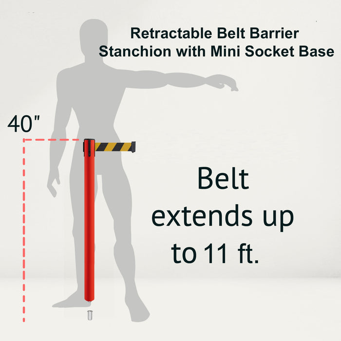 Retractable Belt Barrier Stanchion, Mini Socket Base, Red Post, 11 ft Belt - Montour Line MSX630SK - Crowd Control Warehouse