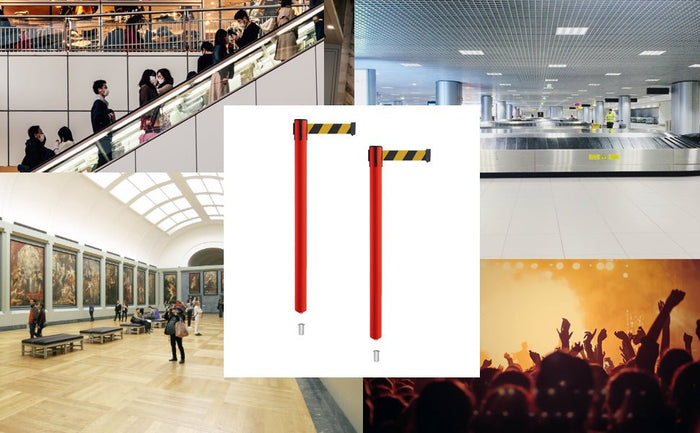 Retractable Belt Barrier Stanchion, Mini Socket Base, Red Post, 11 ft Belt - Montour Line MSX630SK - Crowd Control Warehouse