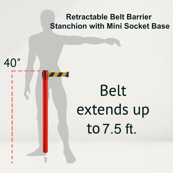 Retractable Belt Barrier Stanchion, Mini Socket Base, Red Post, 7.5 ft Belt - Montour Line MSX630SK - Crowd Control Warehouse