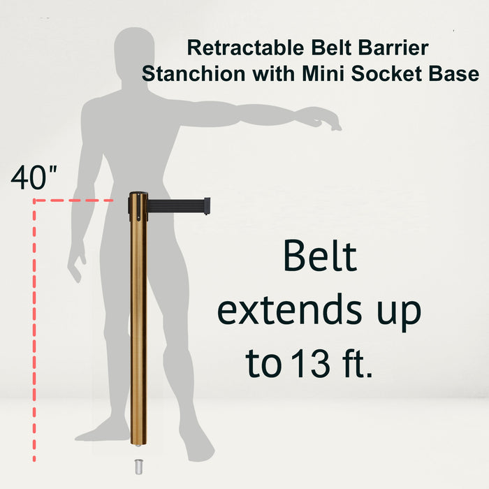 Retractable Belt Barrier Stanchion, Mini Socket Base, Satin Brass Post, 13 ft Belt - Montour Line MX630SK - Crowd Control Warehouse