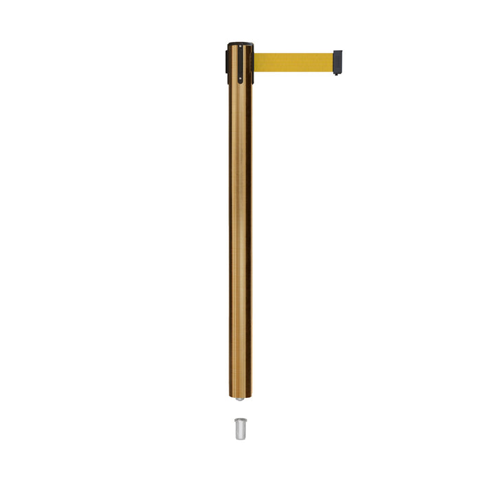 Retractable Belt Barrier Stanchion, Mini Socket Base, Satin Brass Post, 7.5 ft Belt - Montour Line MX630SK - Crowd Control Warehouse