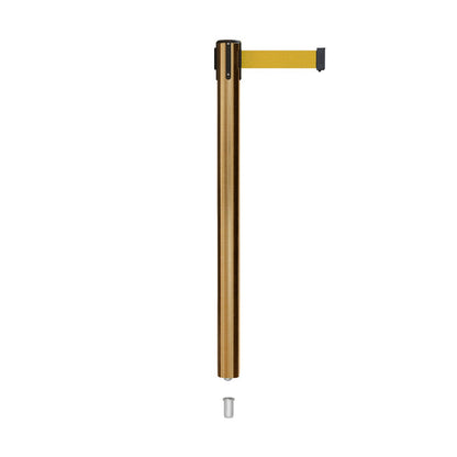 Retractable Belt Barrier Stanchion, Mini Socket Base, Satin Brass Post, 7.5 ft Belt - Montour Line MX630SK - Crowd Control Warehouse