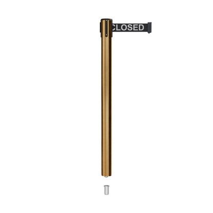 Retractable Belt Barrier Stanchion, Mini Socket Base, Satin Brass Post, 7.5 ft Belt - Montour Line MX630SK - Crowd Control Warehouse