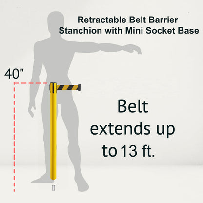 Retractable Belt Barrier Stanchion, Mini Socket Base, Yellow Post, 13 ft Belt - Montour Line MSX630SK - Crowd Control Warehouse