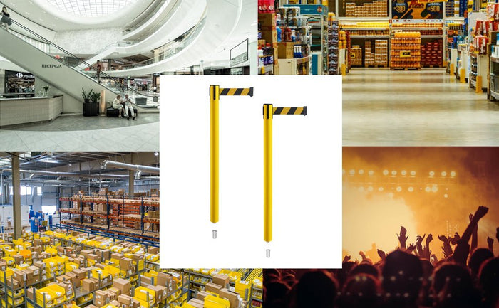 Retractable Belt Barrier Stanchion, Mini Socket Base, Yellow Post, 13 ft Belt - Montour Line MSX630SK - Crowd Control Warehouse