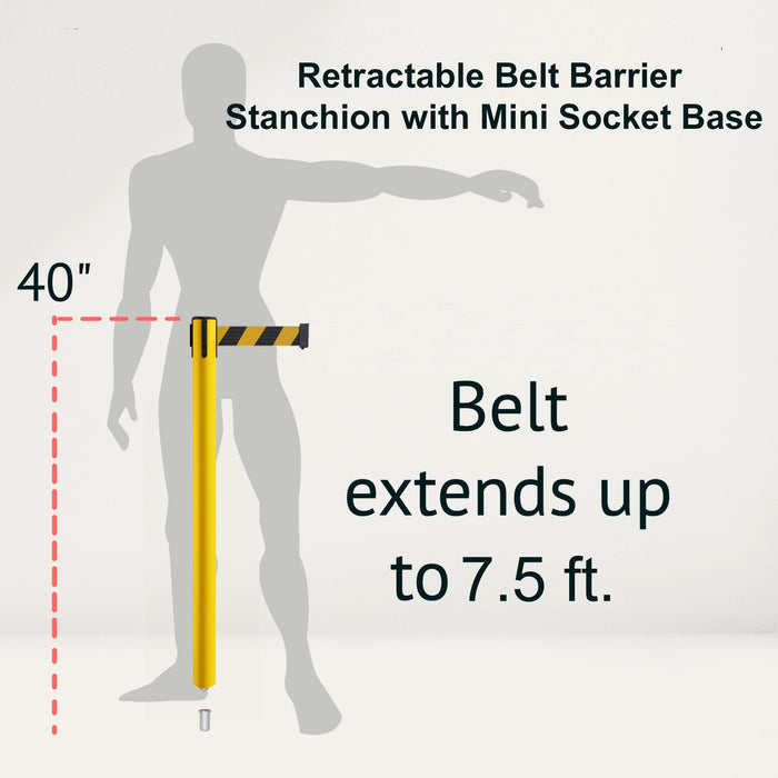Retractable Belt Barrier Stanchion, Mini Socket Base, Yellow Post, 7.5 ft Belt - Montour Line MSX630SK - Crowd Control Warehouse